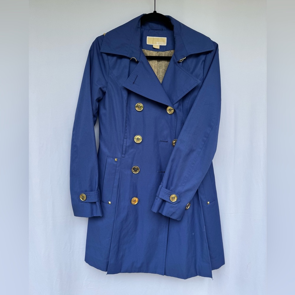 Michael Kors Blue Trench Coat with Gold Buttons